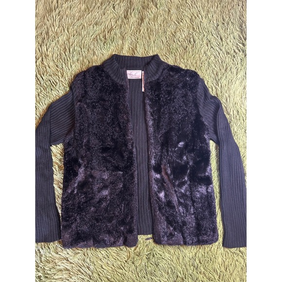 Kathie Lee Collection Sweaters - Kathie Lee Cardigan Women Medium Black Faux Fur Front Zip Ribbed Jacket Vintage